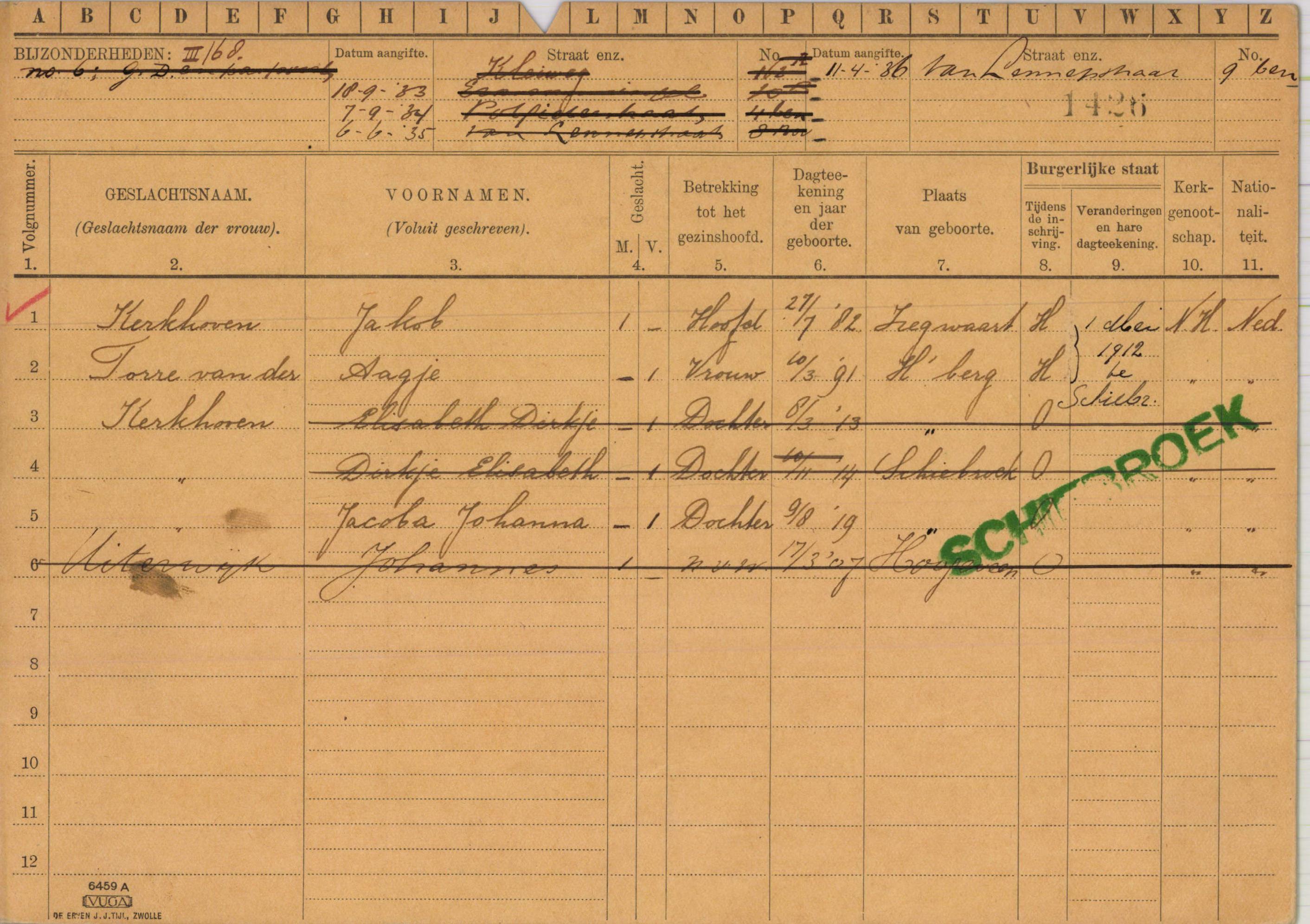 Aagje van der Torre 1891 gezinskaart III