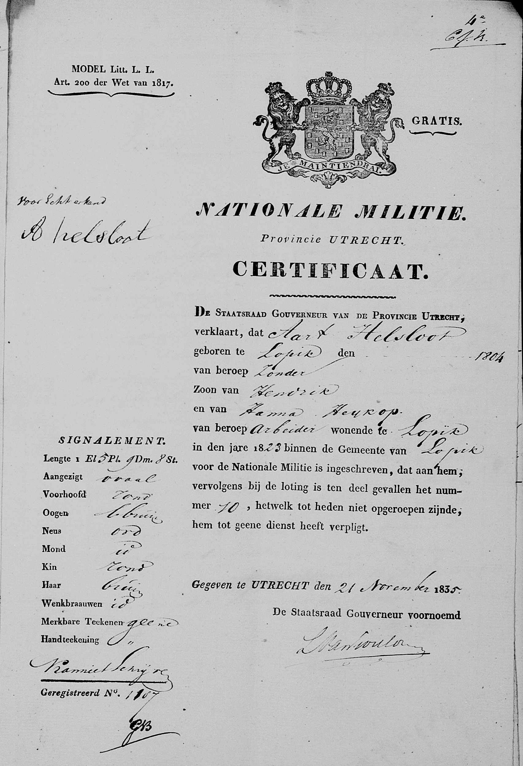 Aart Helsloot 1804 verklaring Nationale Militie