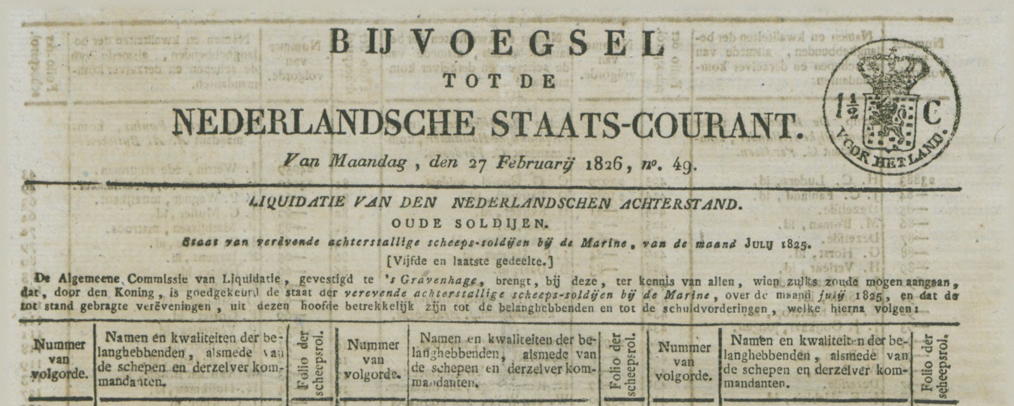 Aart Helsloot 1807 en Johannes Helsloot 1811 ; Liquidatie van oude scheeps-soldijen juli 1825 ; Nerderlansche Staats-Courant 27-02-1826 I