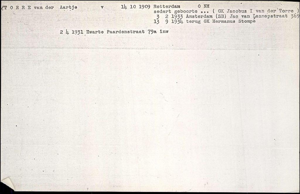 Aartje van der Torre 1909 gezinskaart I