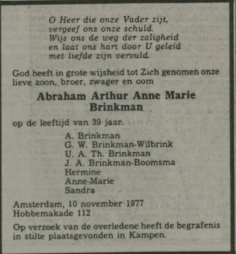 Abraham Arthur Anne Marie Brinkman overlijdensadvertentie