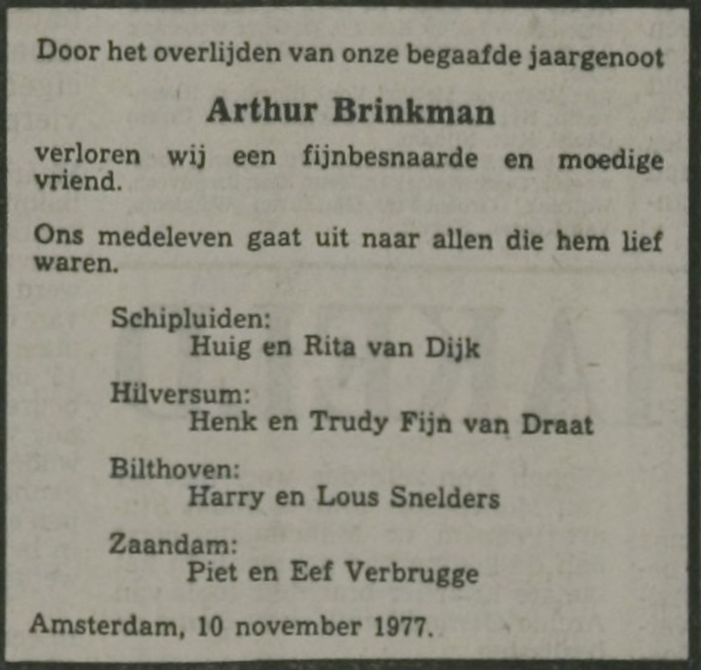 Abraham Arthur Anne Marie Brinkman overlijdensadvertentie III