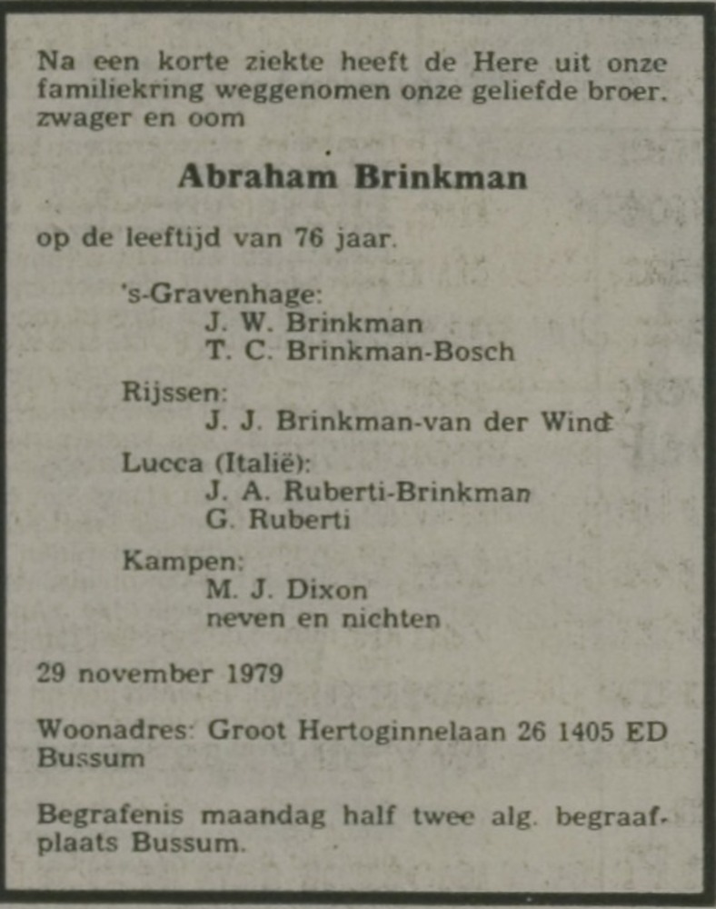 Abraham Brinkman 1903 overlijdensadvertentie