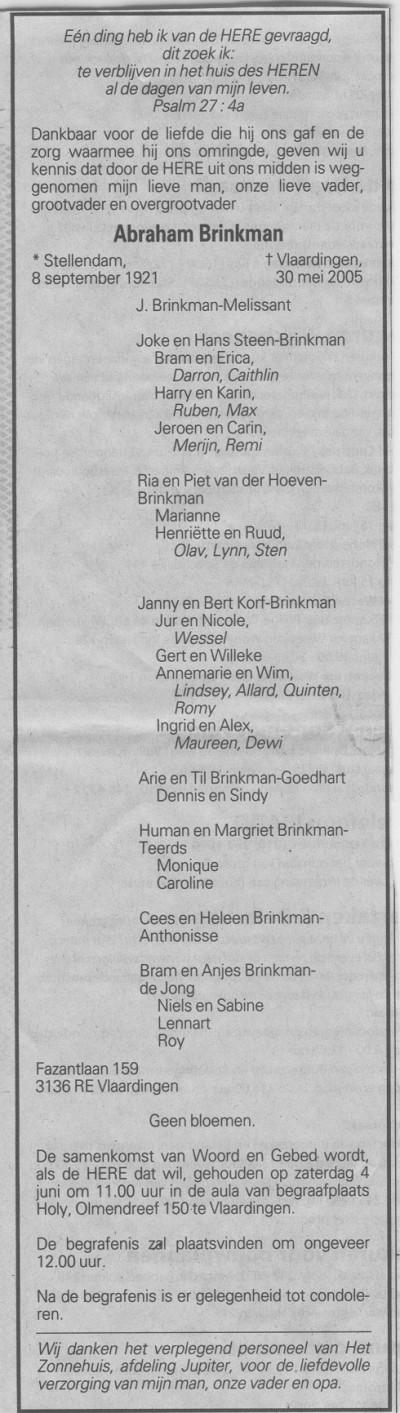 Abraham Brinkman 1921 overlijdensdvertentie