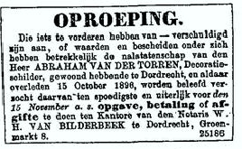 Abraham van der Torre 1859 oproeping crediteuren