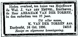 Abraham van der Torre 1859 overlijdensadvertentie
