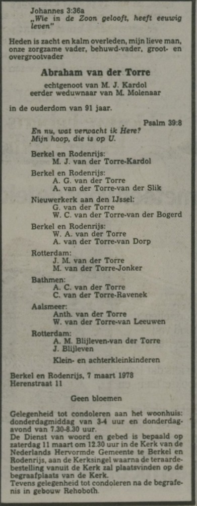 Abraham van der Torre 1886 overlijdensadvertentie
