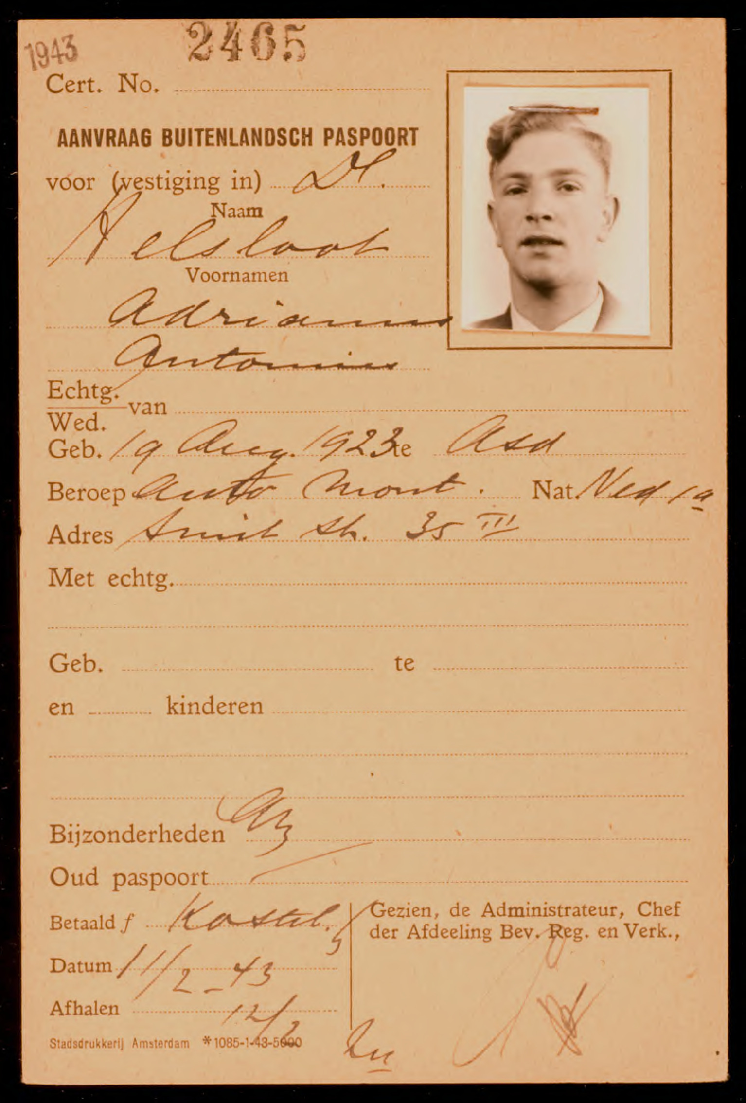 Adrianus Antonius Helsloot 1923 paspoortaanvragen ’40-’45