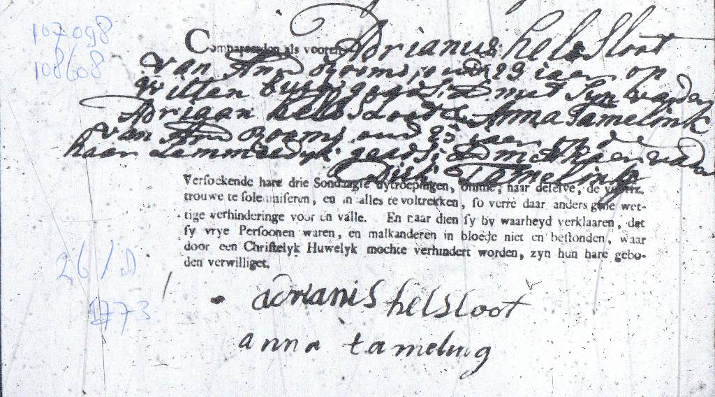 Adrianus Helsloot 1750 huwelijksakte 1773
