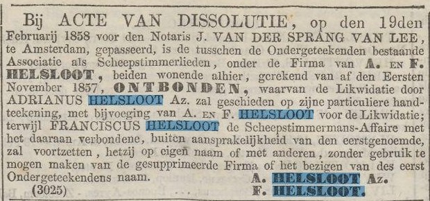 Adrianus Helsloot 1814 advertentie