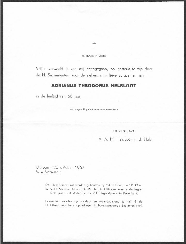 Adrianus Theodorus Helsloot 1901 rouwkaart
