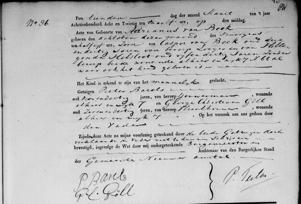 Adrianus van Beek 1828 geboorteakte