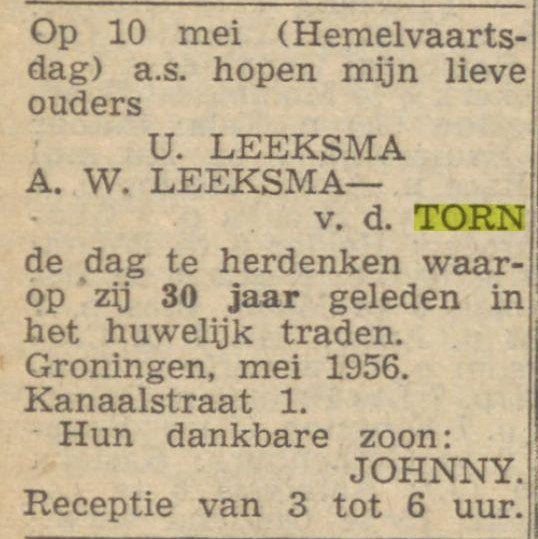 Afiena Woldina van der Torn 1903 huwelijksjubileumsadvertentie