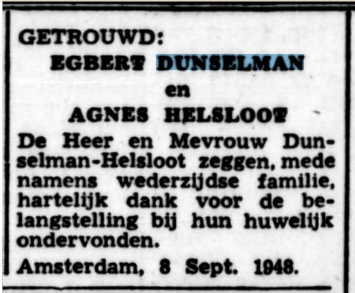 Agnes Johanna Eugnia Helsloot 1920 huwelijkssadvertentie