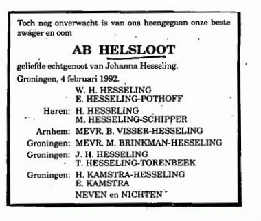 Albert Helsloot 1916 overlijdensadvertentie