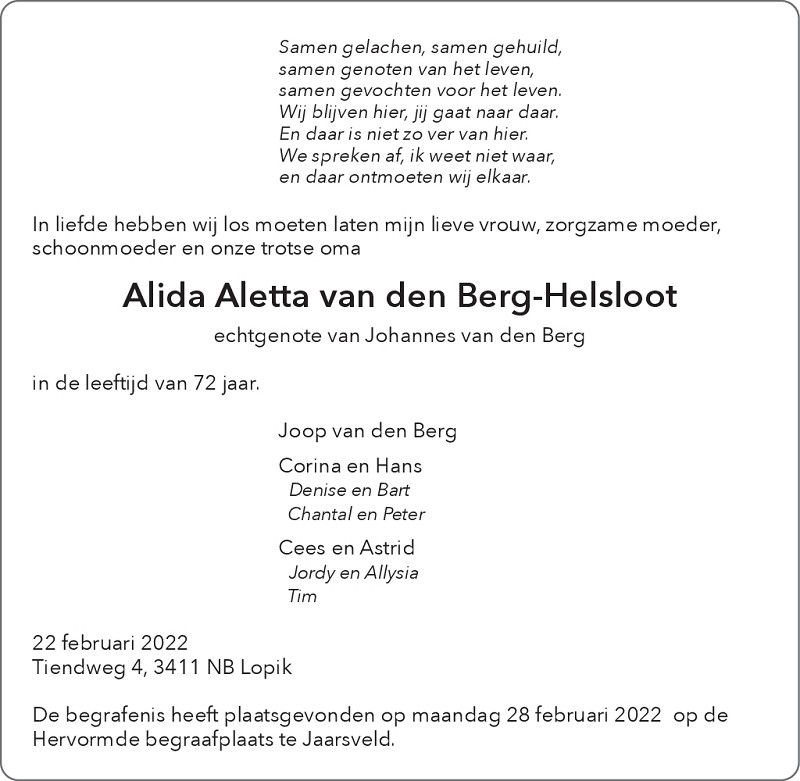 Alida Aletta Helsloot 1950 overlijdensadvertentie