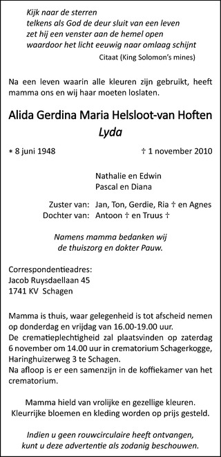 Alida Gerdina Maria van Hoften overlijdensadvertentie