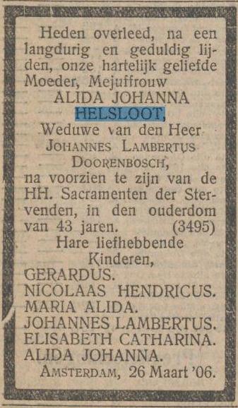 Alida Johanna Helsloot 1862 overlijdensadvertentie