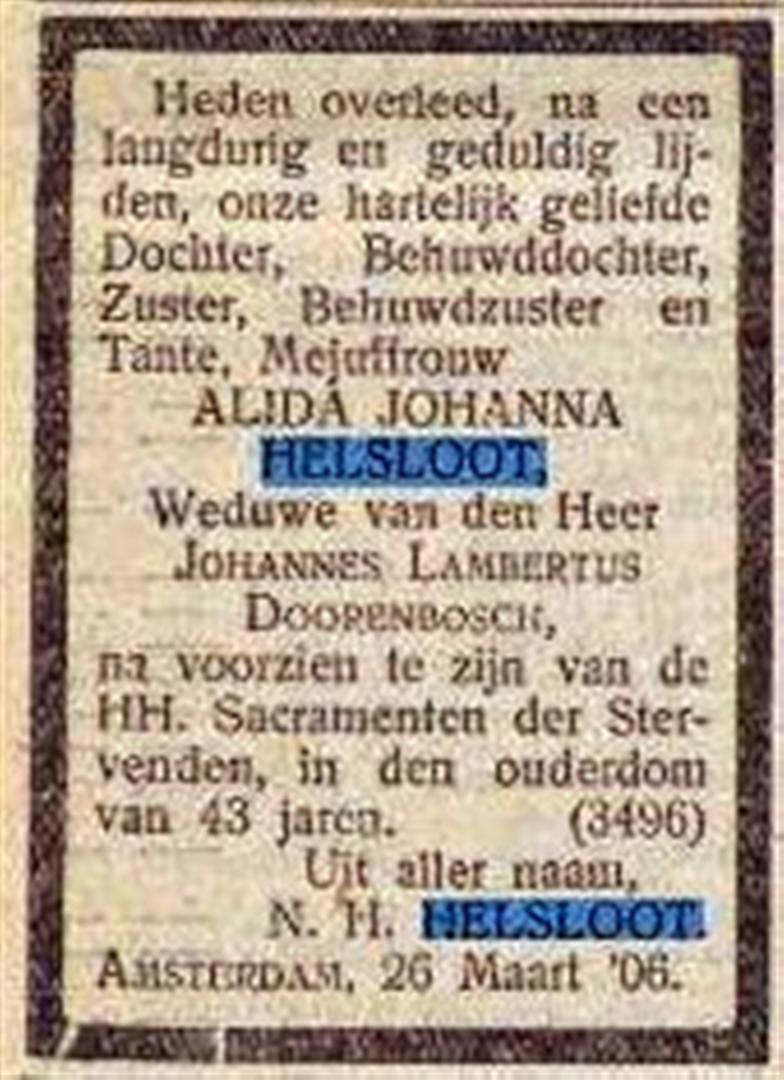 Alida Johanna Helsloot 1862 overlijdensadvertentie De Tijd