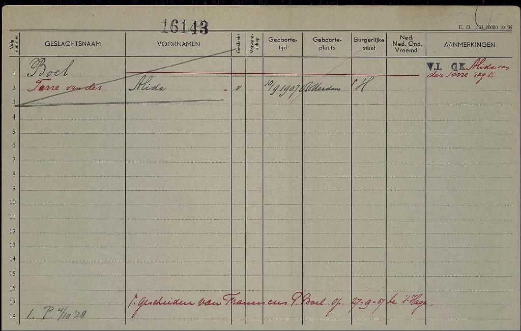 Alida van der Torre 1907 gezinskaart III