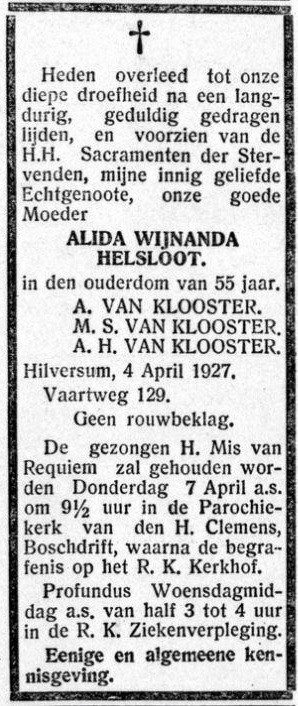 Alida Wijnanda Helsloot 1871 overlijdensadvertentie