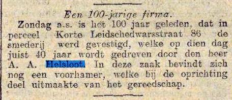 Andreas Antonius Helsloot 1842 100 jaar smederij ; Algemeen Handelsblad 16-5-1912