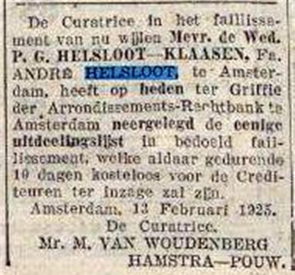 Andreas Johannes Helsloot 1874 faillisement ; Algemeen Handelsblad 13-2-1925