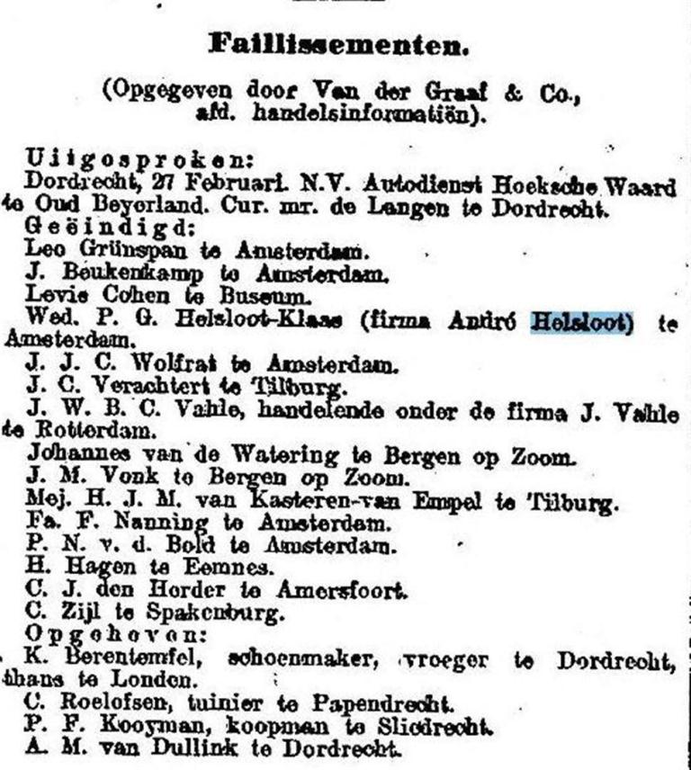 Andreas Johannes Helsloot 1874 faillisement ; Nieuwe Amsterdamse Courant 2-3-1925