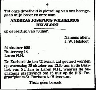 Andreas Josephus Wilhelmus Helsloot 1912 overlijdensadvertentie