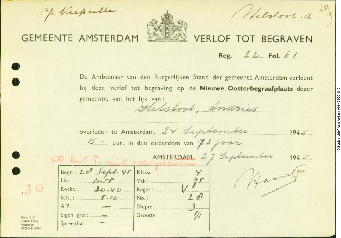 Andries Helsloot 1872 begraafverlof