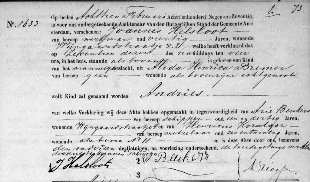 Andries Helsloot 1879 geboorteakte