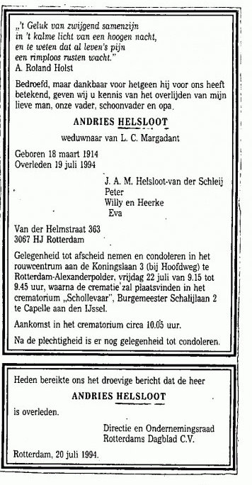 Andries Helsloot 1914 overlijdensadvertentie