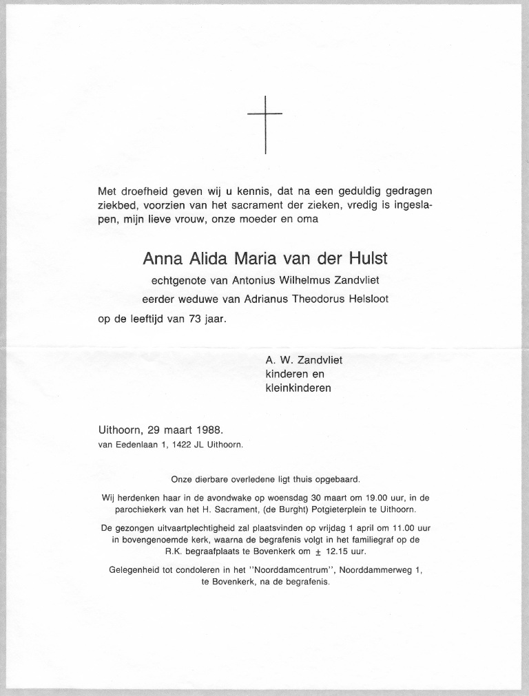 Anna Alida Maria van de Hulst rouwkaart