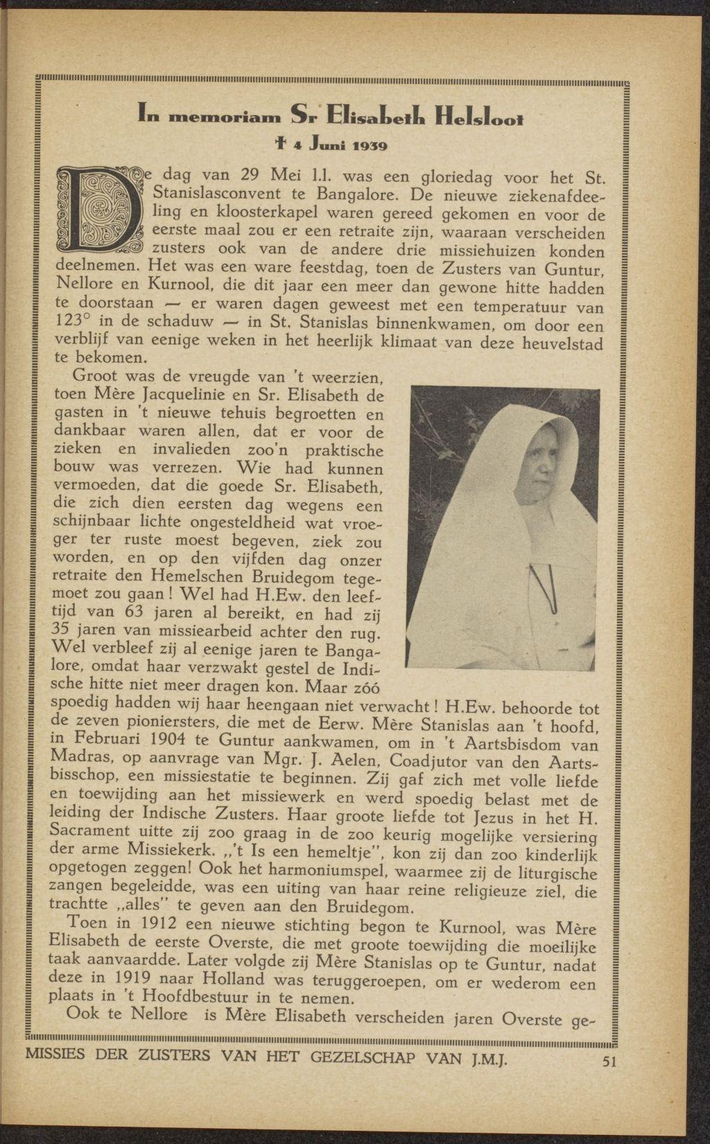 Anna Elisabeth Helsloot 1875 In Memoriam Missies der Zusters van het Gezelschap van J.M.J. in Oost-Indië en Britsch-Indië, jrg 37, 1939, no 7, 01-07-1939 I