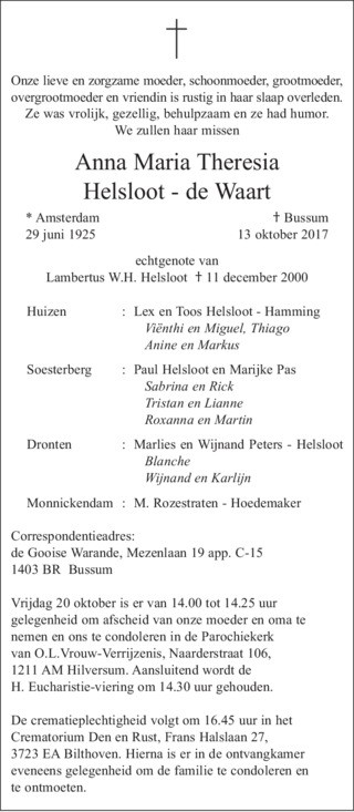 Anna Maria Theresia de Waart overlijdensadvertentie