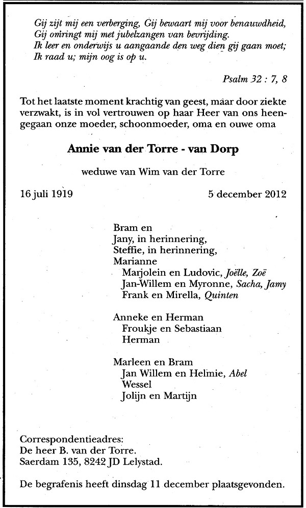 Annie van Dorp overlijdensadvertentie