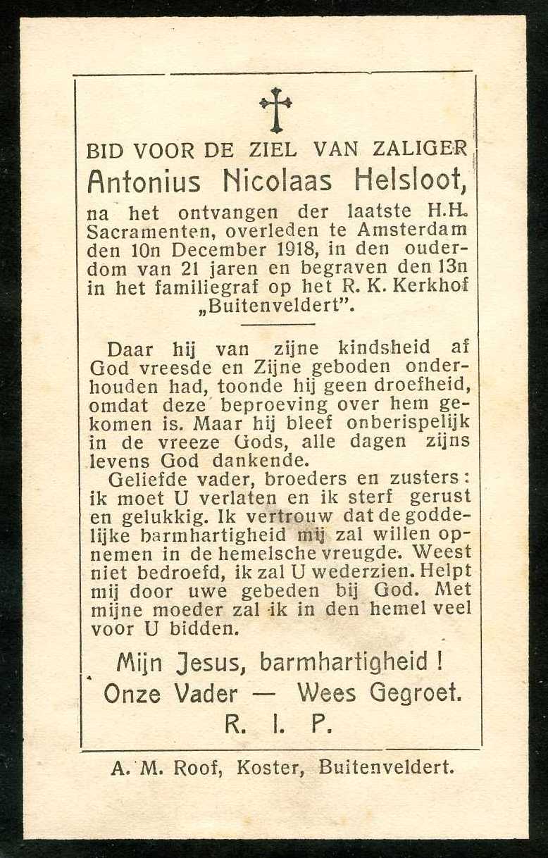 Anthonius Nicolaas Helsloot 1897 bidprentje I