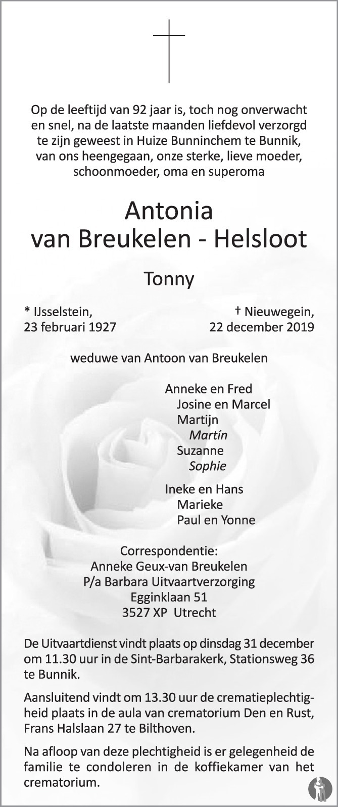 Antonia Helsloot 1927 overlijdensadvertentie