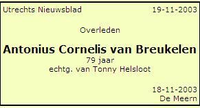 Antonius Cornelis van Breukelen overlijdensadvertentie