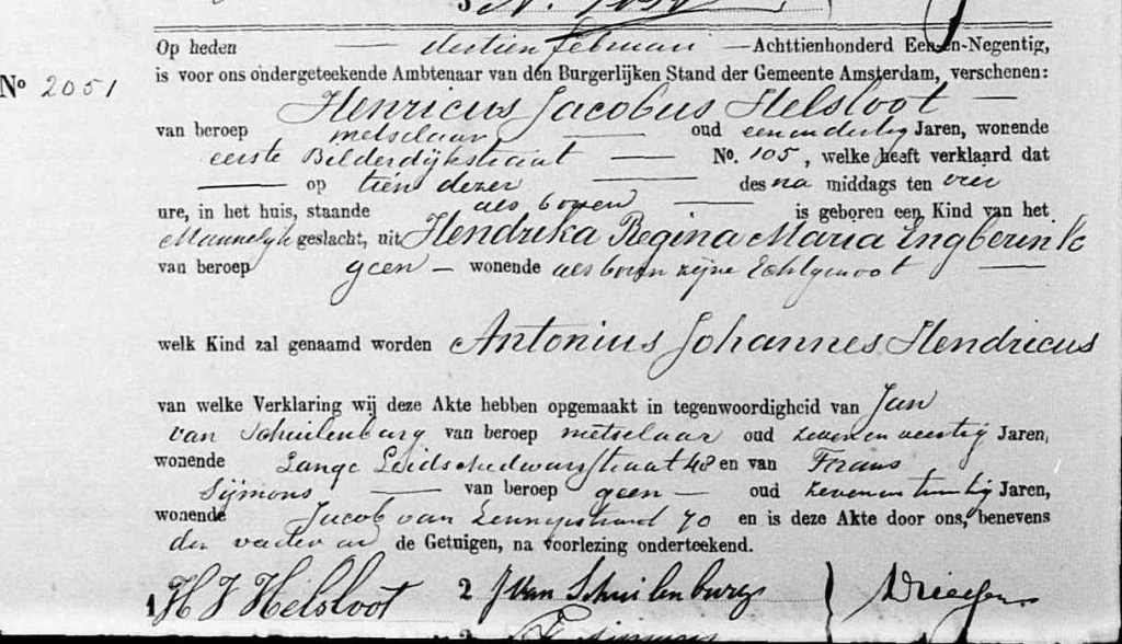 Antonius Johannes Hendricus Helsloot 1891 geboorteakte