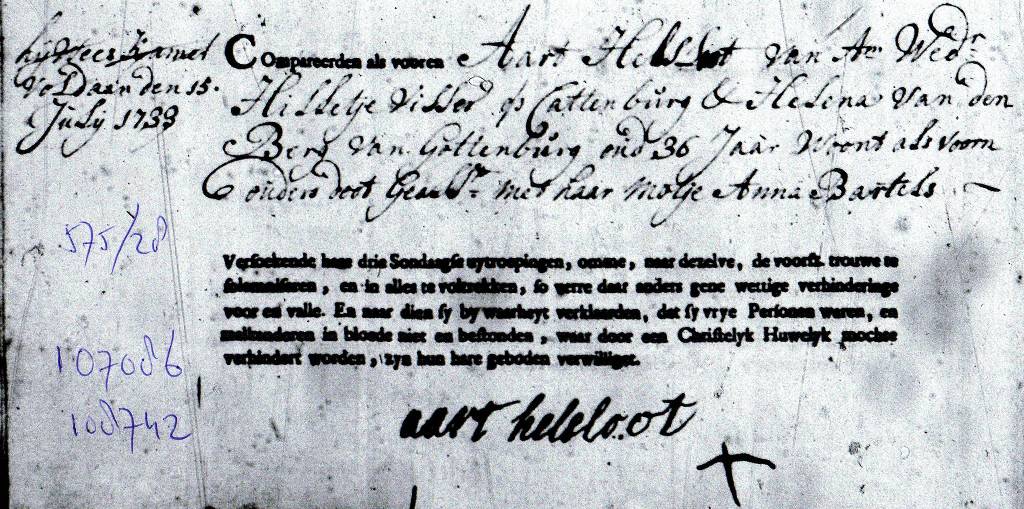 Arie Arissen Helsloot ca1694 ondertrouwakte 1733