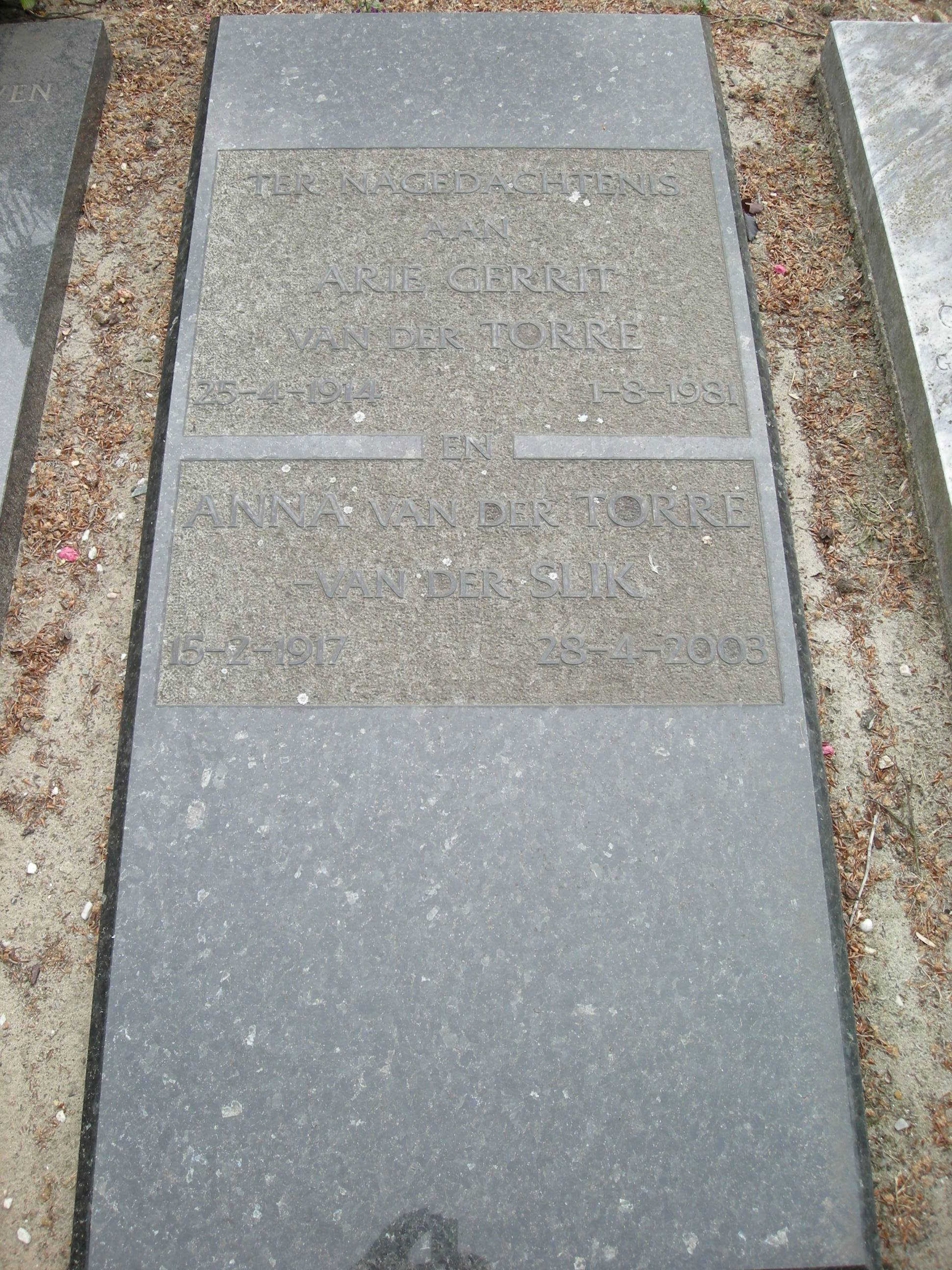 Arie Gerrit van der Torre 1914 grafsteen