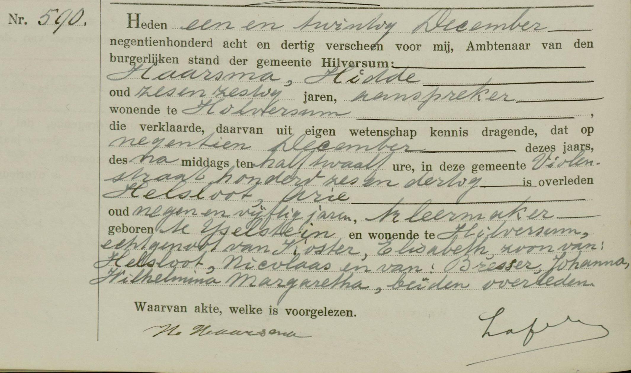 Arie Helsloot 1879 overlijdensakte