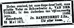 Arie van der Torre 1825 overlijdensadvertentie