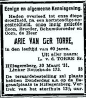 Arie van der Torre 1870 overlijdensadvertentie
