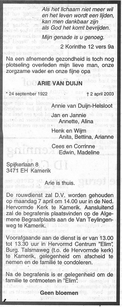 Arie van Duijn overlijdensadvertentie