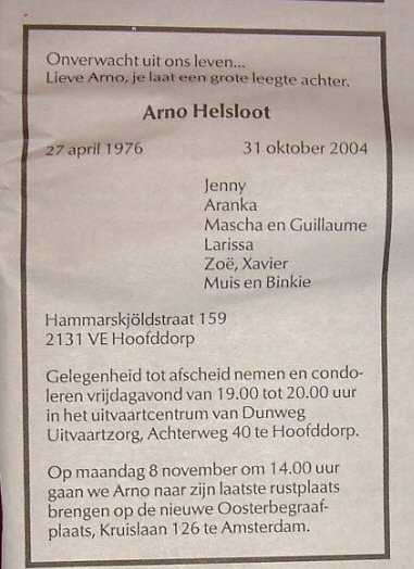 Arno Helsloot 1976 overlijdensadvertentie