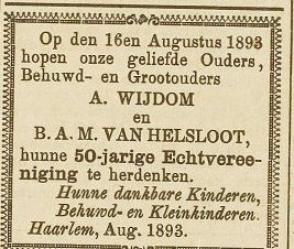 Barta Alida Maria van Helsloot 1816 ; huwelijksjublieumadvertentie Haarlems Dagblad 7 augustus 1893
