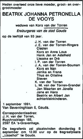 Beatrix Johanna Petronella de Vooys overlijdensadvertentie