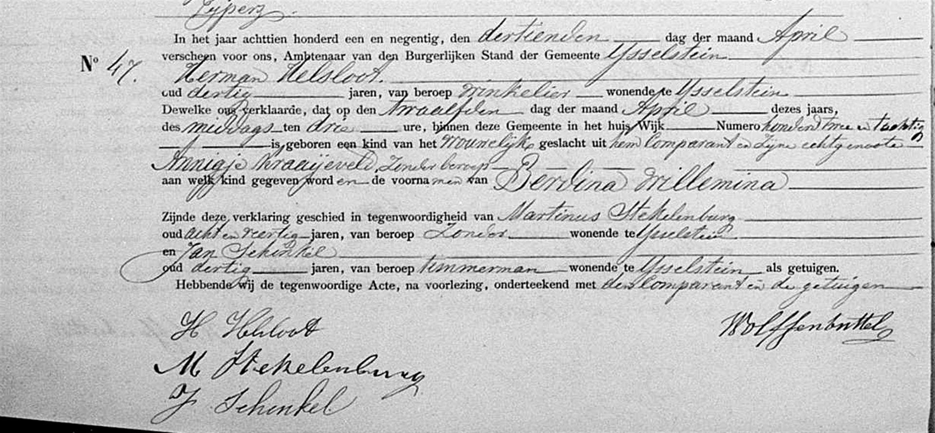 Berdina Willemina Helsloot 1891 geboorteakte
